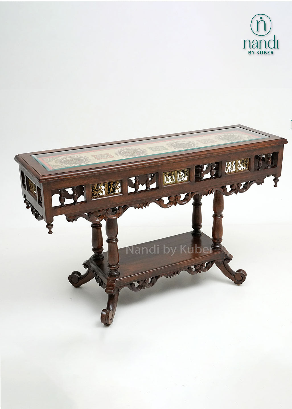 Handcrafted ornate wooden table with intricate carvings, decorative lattice details, patterned tabletop, and lower storage shelf, ideal for traditional, vintage, and luxury home décor settings.