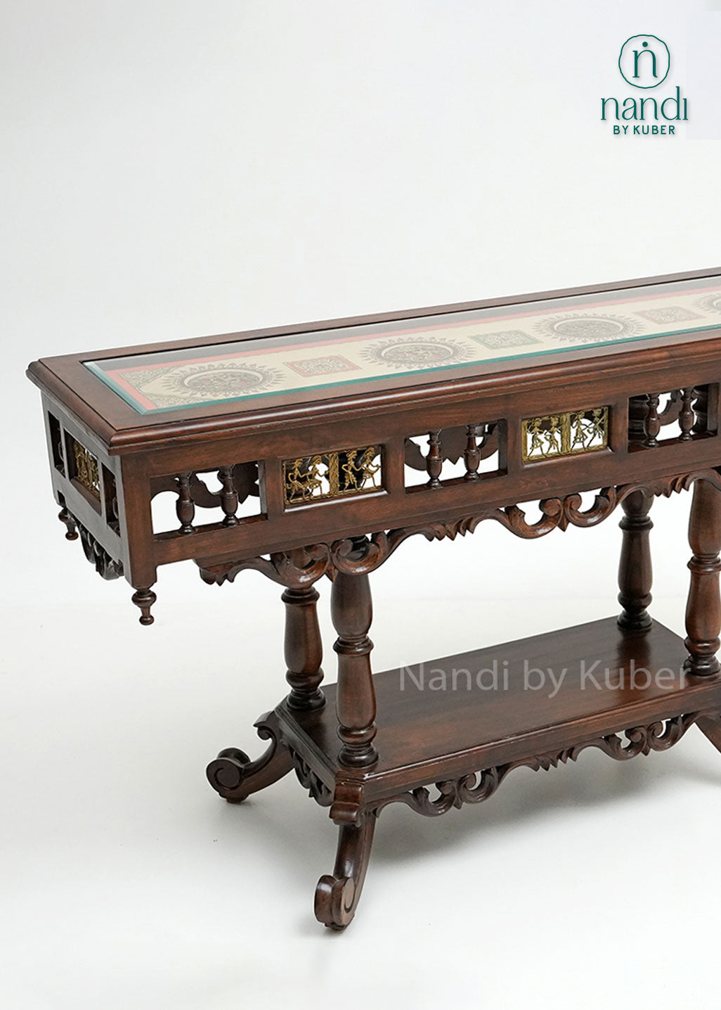 Handcrafted ornate wooden table with intricate carvings, decorative lattice details, patterned tabletop, and lower storage shelf, ideal for traditional, vintage, and luxury home décor settings.