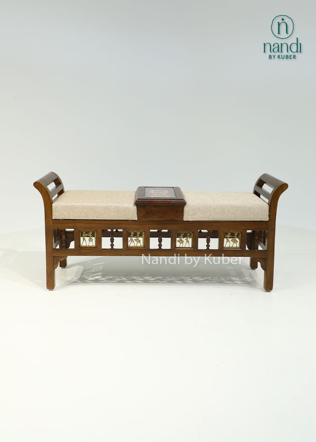 Handcrafted wooden upholstered bench with decorative carvings, built-in center storage compartment, and traditional design, ideal for entryways, living rooms, bedrooms, and luxury home décor.