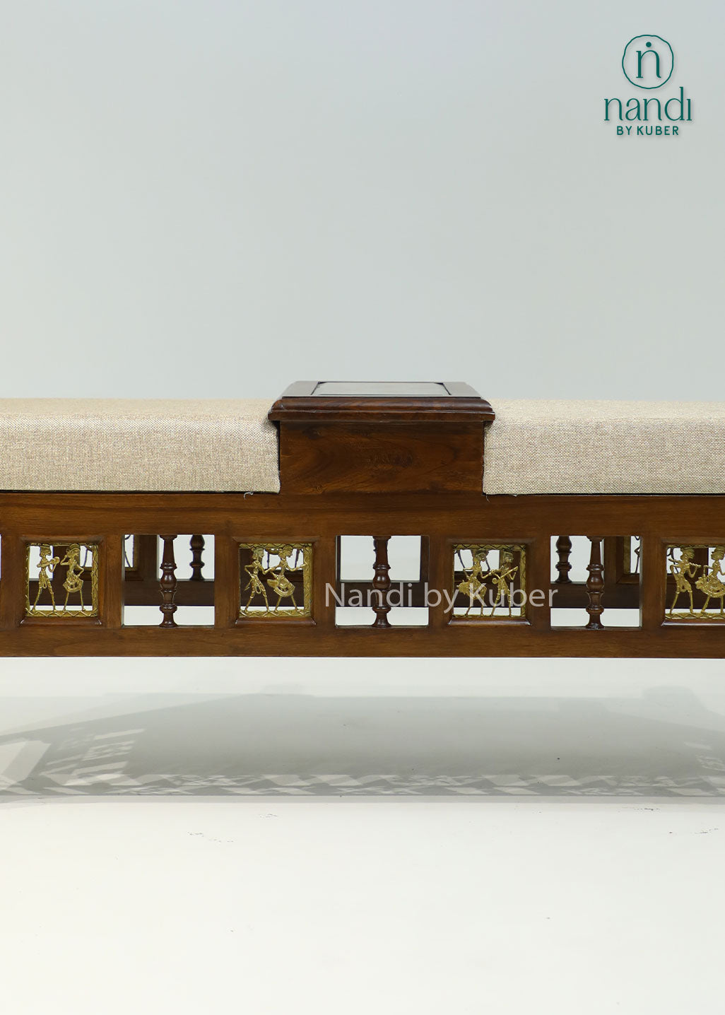 Handcrafted wooden upholstered bench with decorative carvings, built-in center storage compartment, and traditional design, ideal for entryways, living rooms, bedrooms, and luxury home décor.