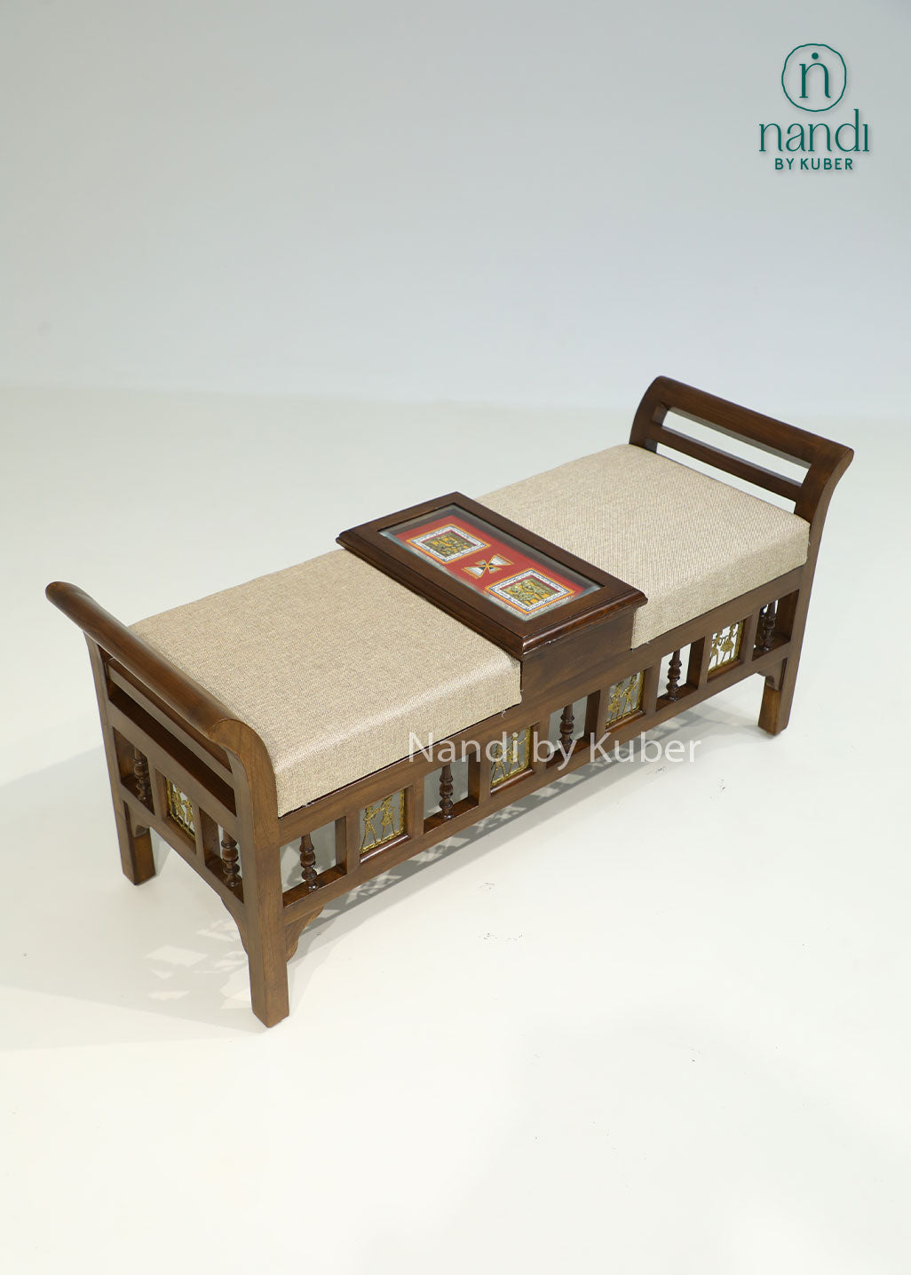 Handcrafted wooden upholstered bench with decorative carvings, built-in center storage compartment, and traditional design, ideal for entryways, living rooms, bedrooms, and luxury home décor.