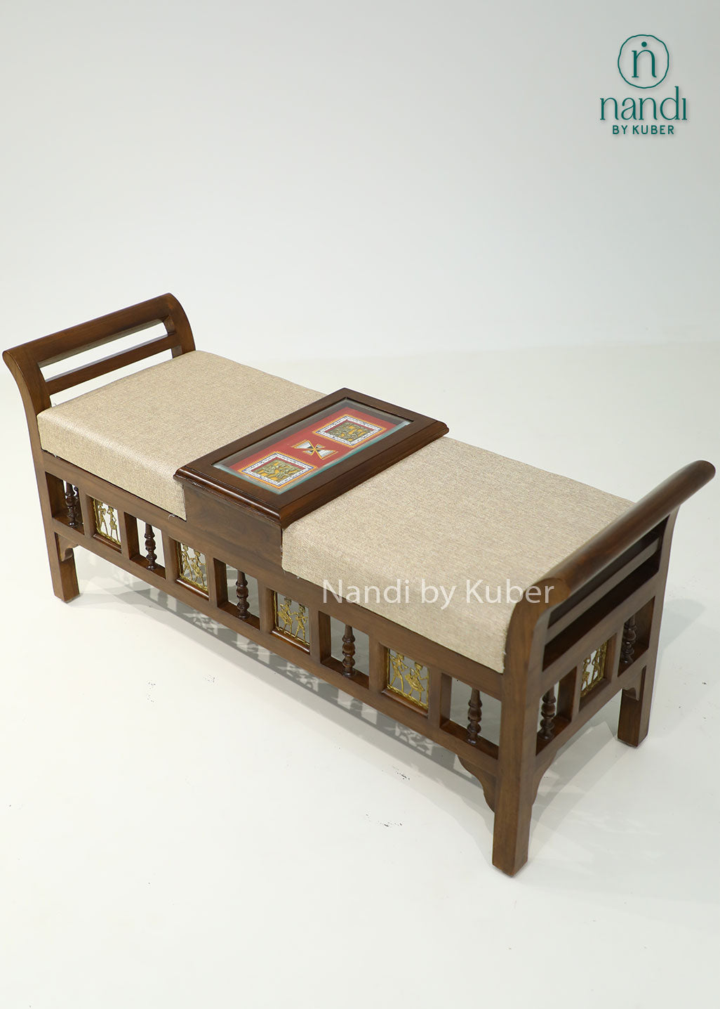 Handcrafted wooden upholstered bench with decorative carvings, built-in center storage compartment, and traditional design, ideal for entryways, living rooms, bedrooms, and luxury home décor.
