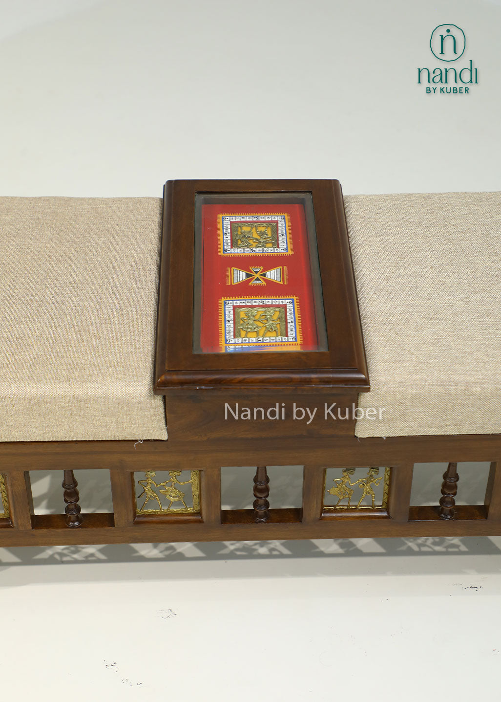 Handcrafted wooden upholstered bench with decorative carvings, built-in center storage compartment, and traditional design, ideal for entryways, living rooms, bedrooms, and luxury home décor.