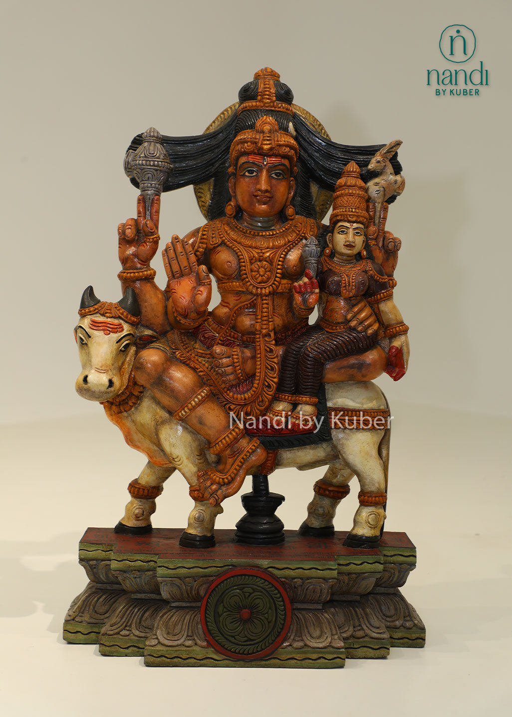 Wooden Shiva Parvati with Nandi idol, handcrafted Hindu deity statue featuring Lord Shiva, Goddess Parvati and Nandi bull, spiritual home décor, puja room decoration, temple idol, devotional gift and religious collectible.