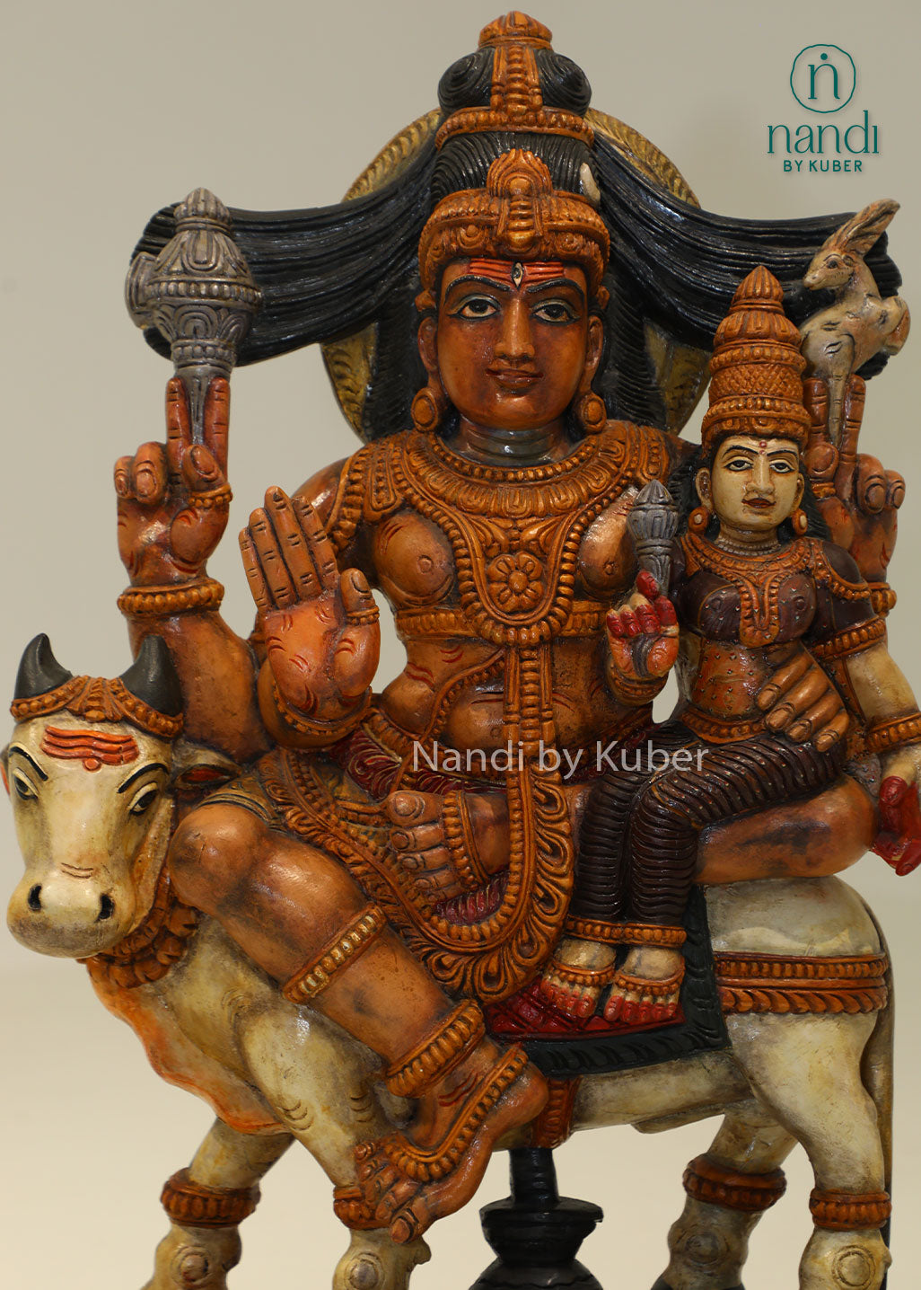Wooden Shiva Parvati with Nandi idol, handcrafted Hindu deity statue featuring Lord Shiva, Goddess Parvati and Nandi bull, spiritual home décor, puja room decoration, temple idol, devotional gift and religious collectible.