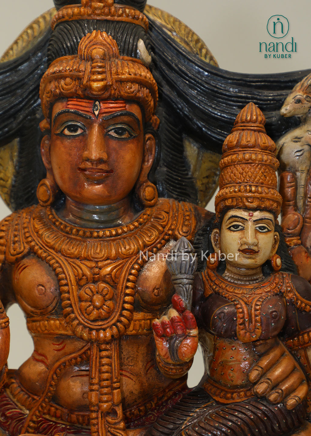 Wooden Shiva Parvati with Nandi idol, handcrafted Hindu deity statue featuring Lord Shiva, Goddess Parvati and Nandi bull, spiritual home décor, puja room decoration, temple idol, devotional gift and religious collectible.