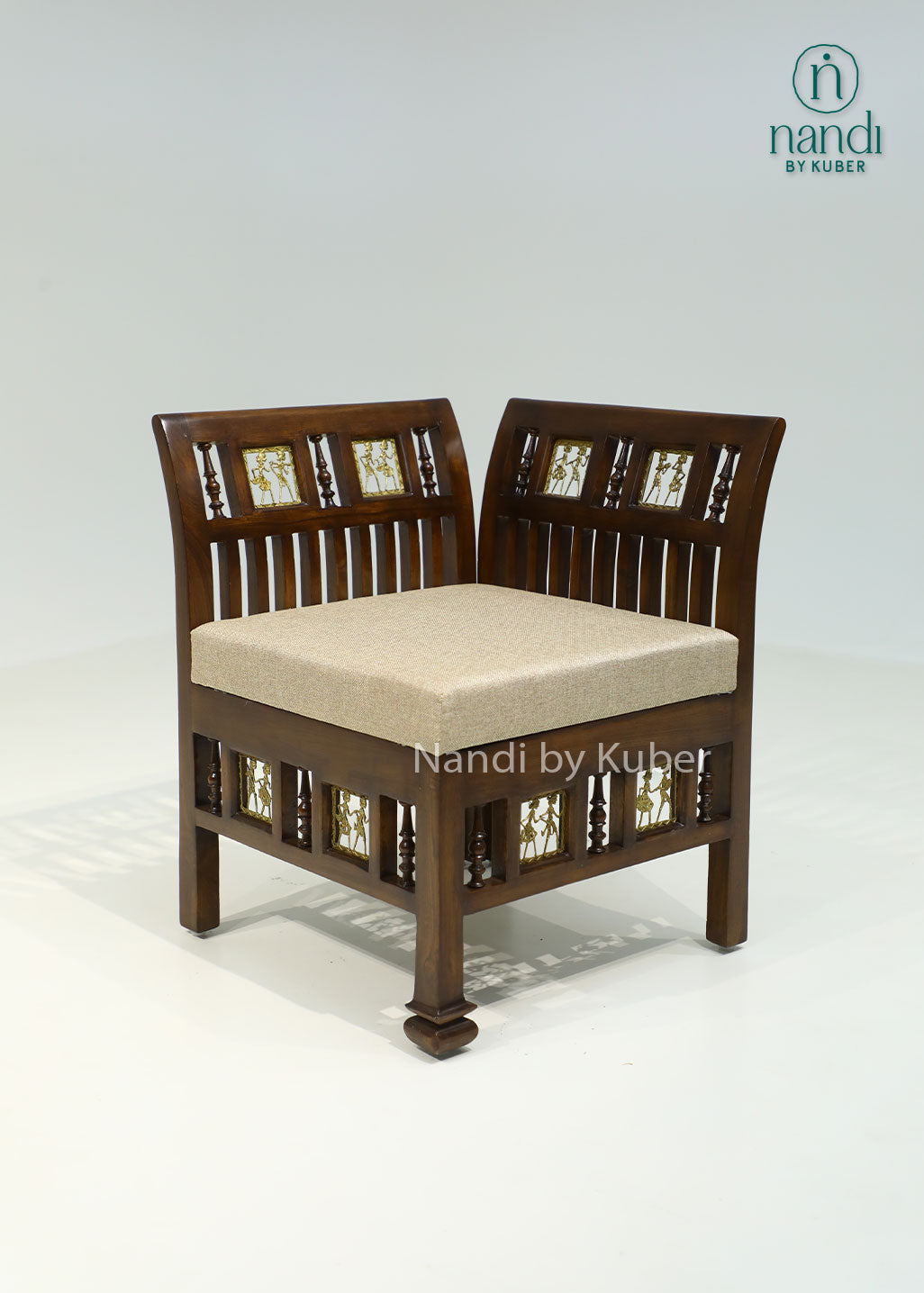 Handcrafted wooden upholstered bench with decorative carvings, built-in center storage compartment, and traditional design, ideal for entryways, living rooms, bedrooms, and luxury home décor.