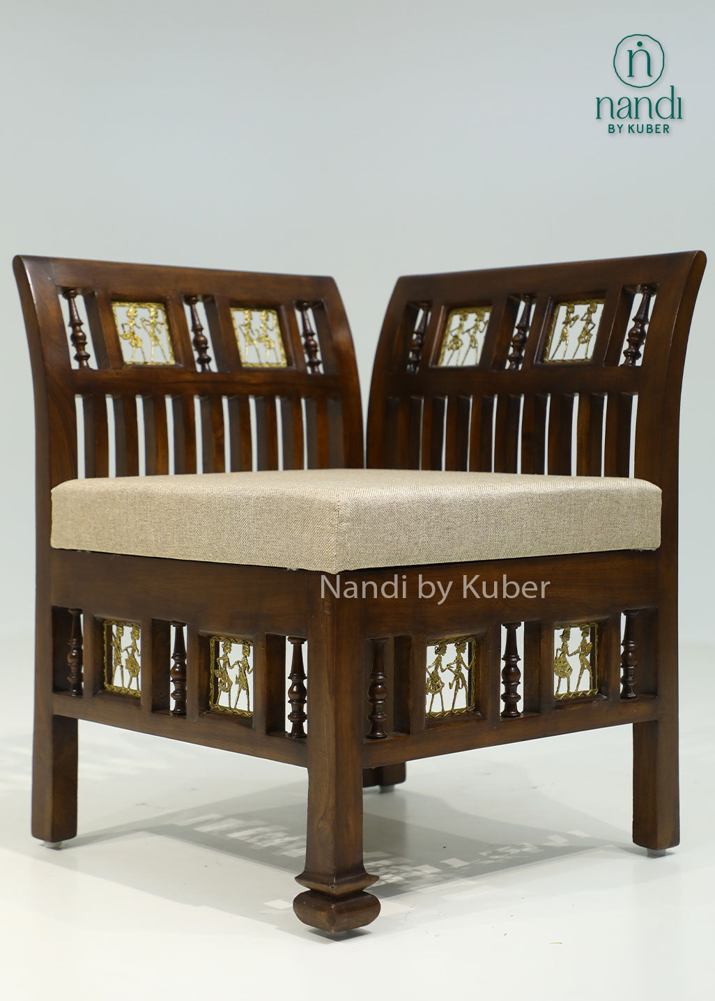 Handcrafted wooden upholstered bench with decorative carvings, built-in center storage compartment, and traditional design, ideal for entryways, living rooms, bedrooms, and luxury home décor.
