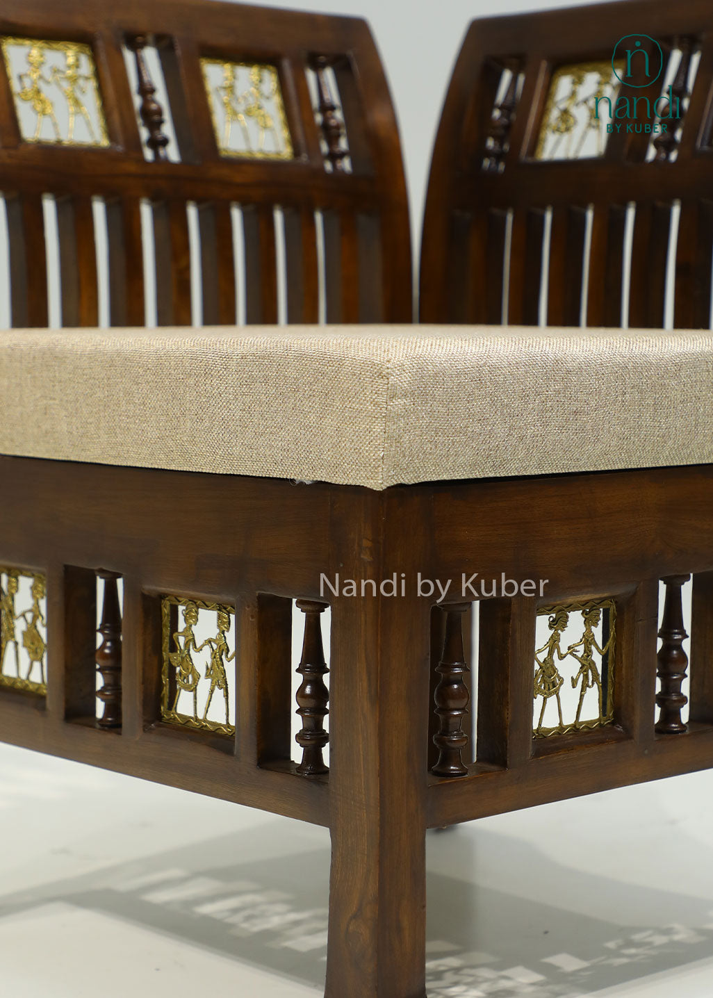 Handcrafted wooden upholstered bench with decorative carvings, built-in center storage compartment, and traditional design, ideal for entryways, living rooms, bedrooms, and luxury home décor.