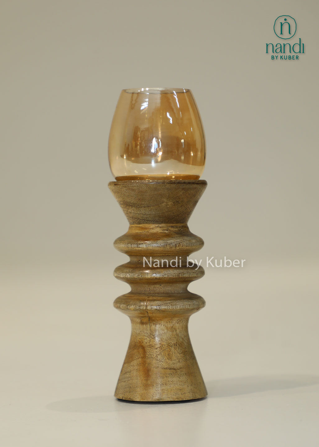 Wooden candle holder with amber glass hurricane shade, decorative candle stand for home décor, living room, dining table centerpiece, festive decoration, rustic styling, ambient lighting, and elegant gifting.