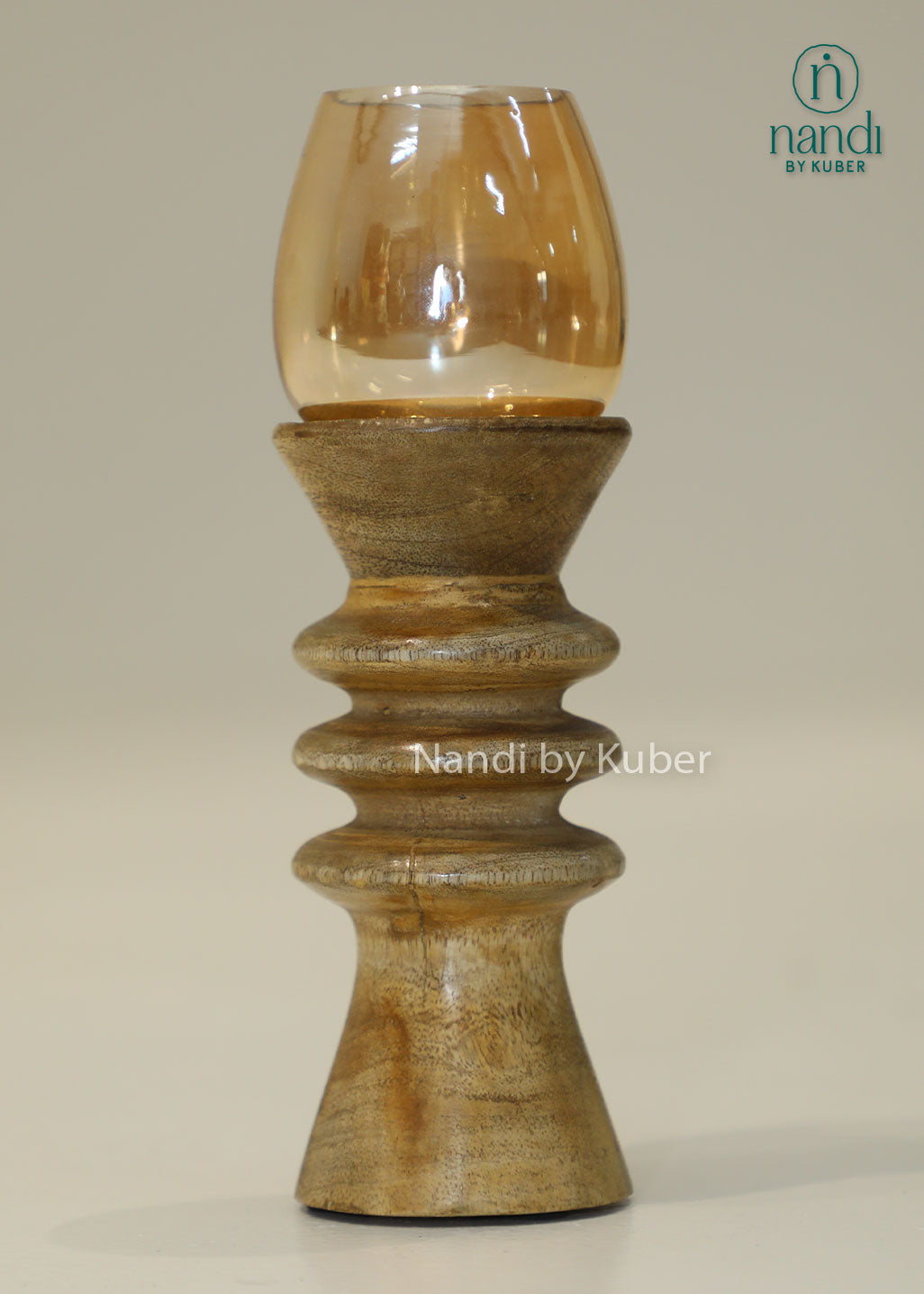Wooden candle holder with amber glass hurricane shade, decorative candle stand for home décor, living room, dining table centerpiece, festive decoration, rustic styling, ambient lighting, and elegant gifting.