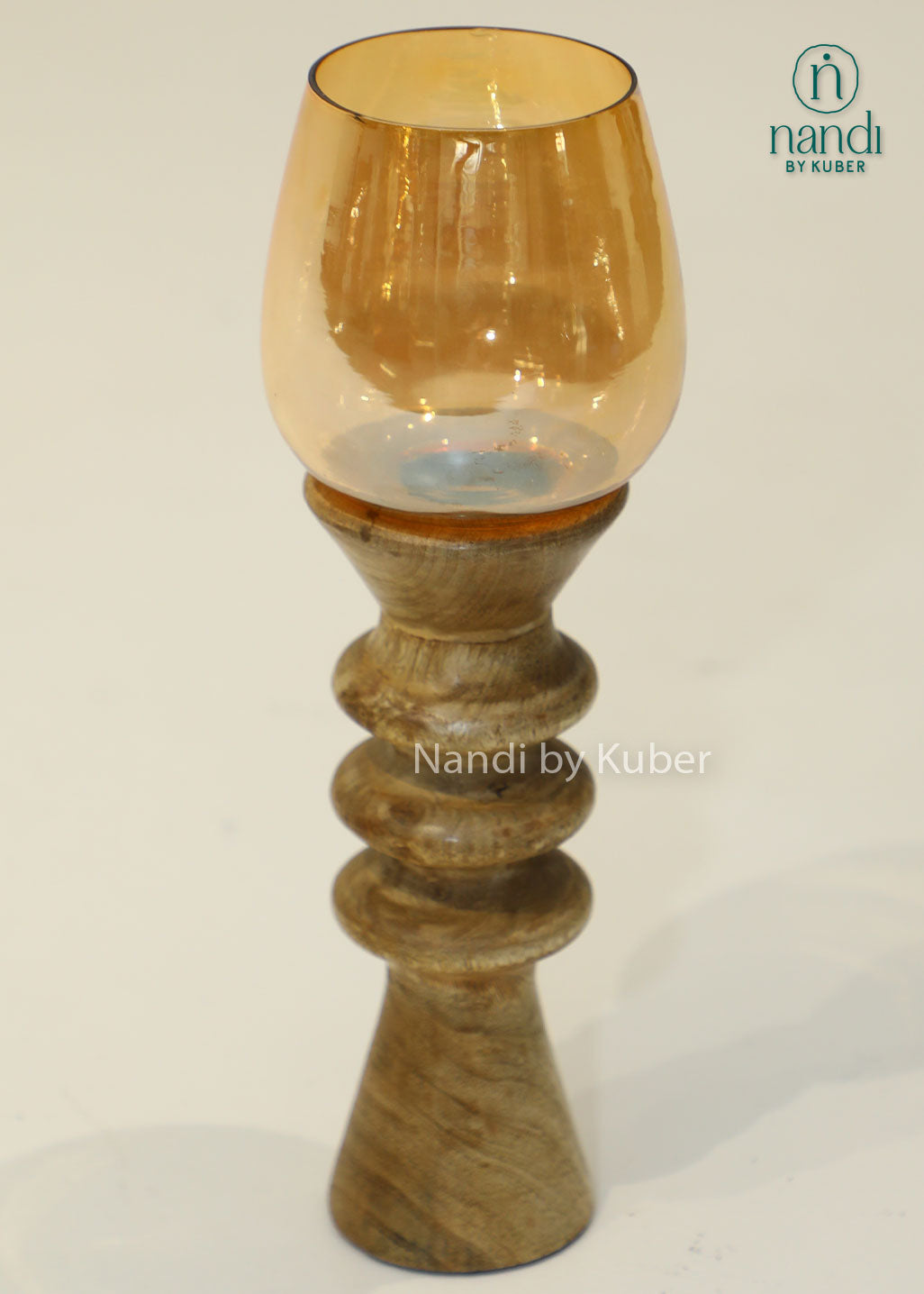 Wooden candle holder with amber glass hurricane shade, decorative candle stand for home décor, living room, dining table centerpiece, festive decoration, rustic styling, ambient lighting, and elegant gifting.