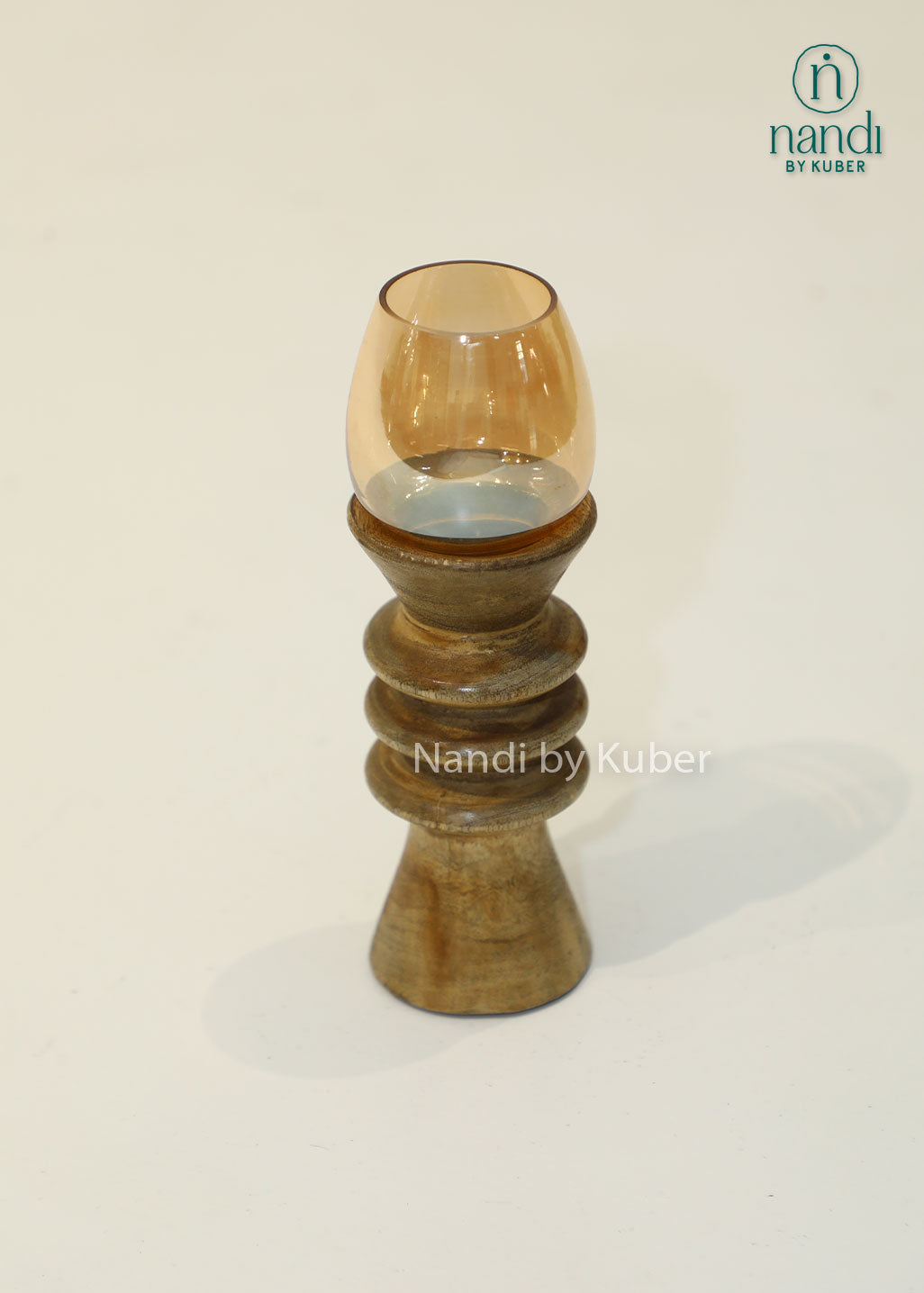Wooden candle holder with amber glass hurricane shade, decorative candle stand for home décor, living room, dining table centerpiece, festive decoration, rustic styling, ambient lighting, and elegant gifting.