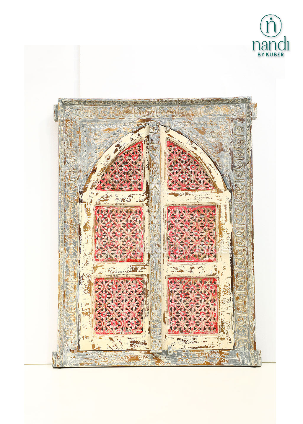 Vintage-inspired wooden jali window wall décor with intricate lattice detailing and rustic charm, perfect for enhancing traditional and contemporary interiors.