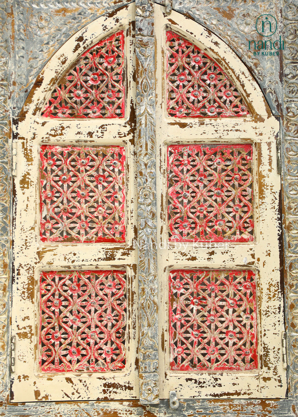 Vintage-inspired wooden jali window wall décor with intricate lattice detailing and rustic charm, perfect for enhancing traditional and contemporary interiors.