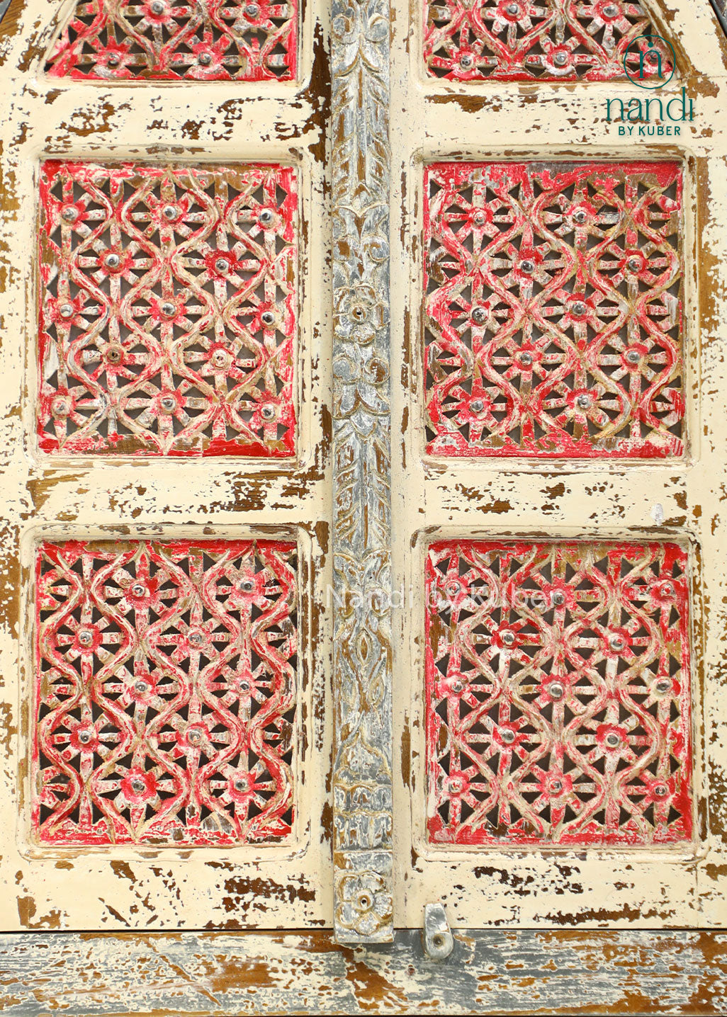 Vintage-inspired wooden jali window wall décor with intricate lattice detailing and rustic charm, perfect for enhancing traditional and contemporary interiors.