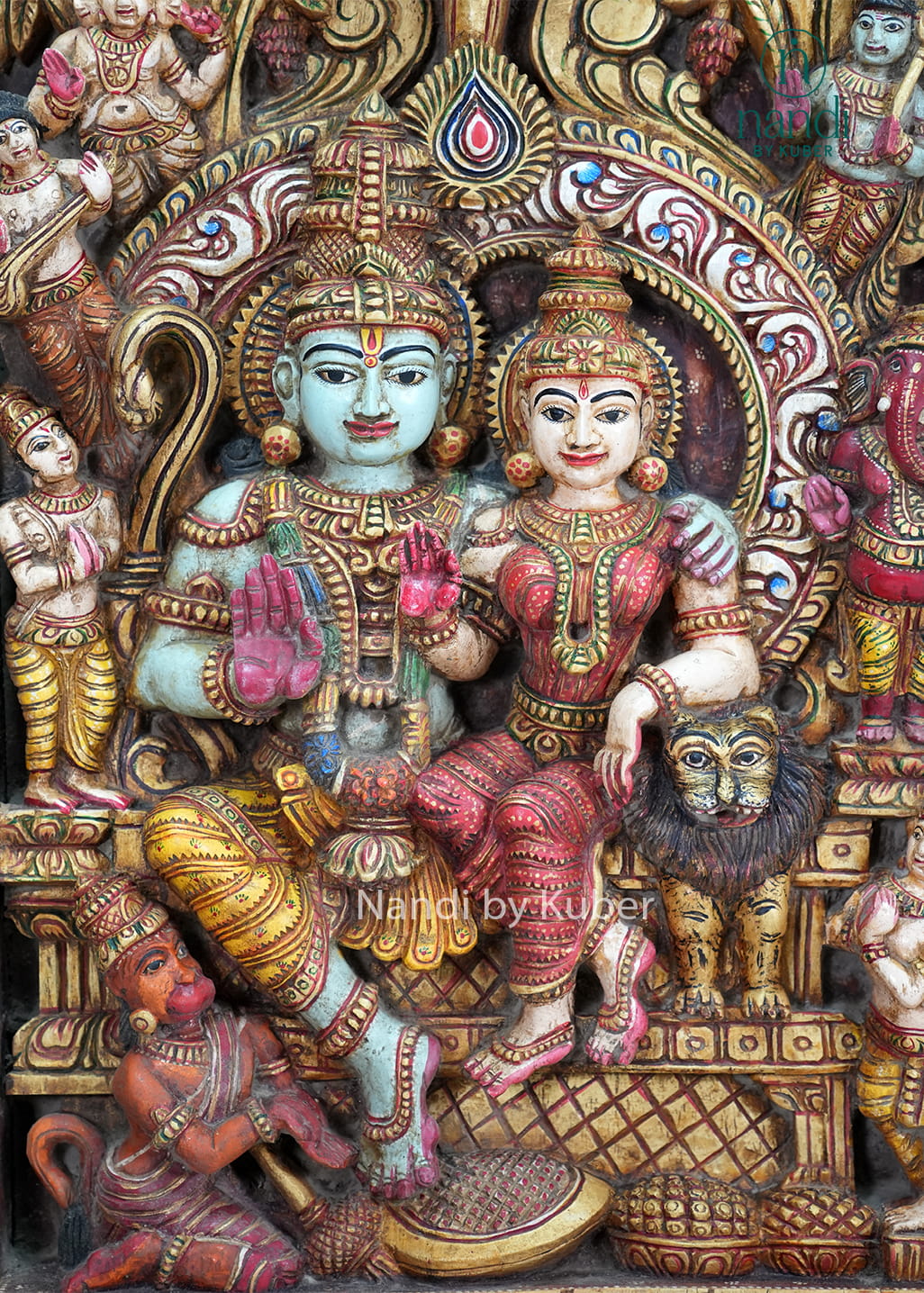Handcrafted wooden Ram Darbar shrine with ornate temple arch, detailed carvings, vibrant colors, and traditional devotional artwork.