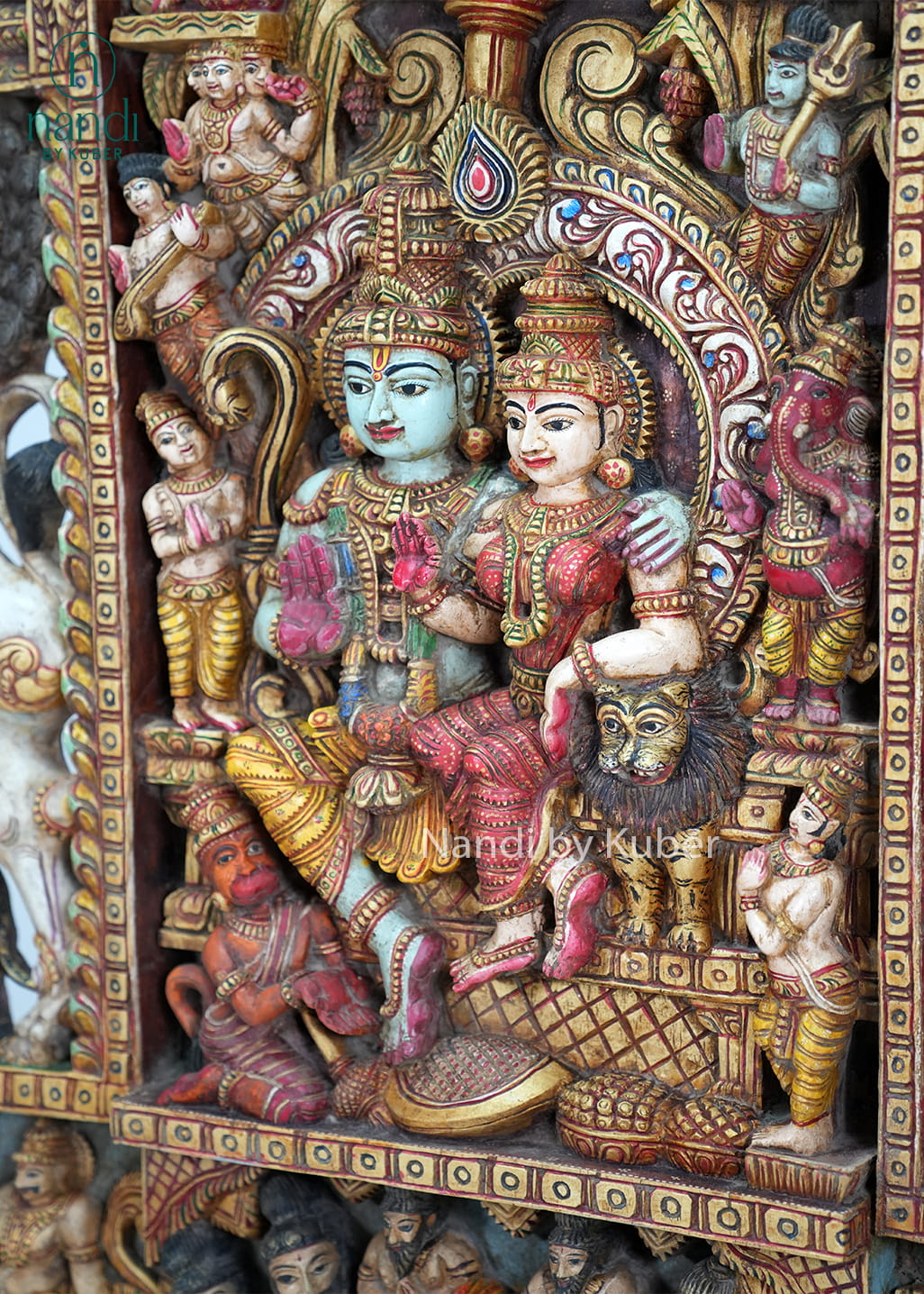Handcrafted wooden Ram Darbar shrine with ornate temple arch, detailed carvings, vibrant colors, and traditional devotional artwork.
