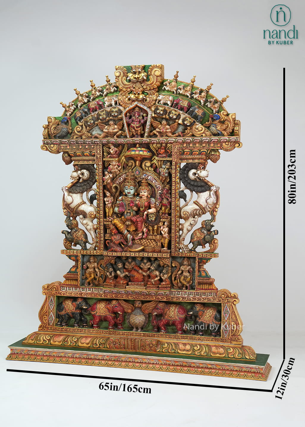 Handcrafted wooden Ram Darbar shrine with ornate temple arch, detailed carvings, vibrant colors, and traditional devotional artwork.